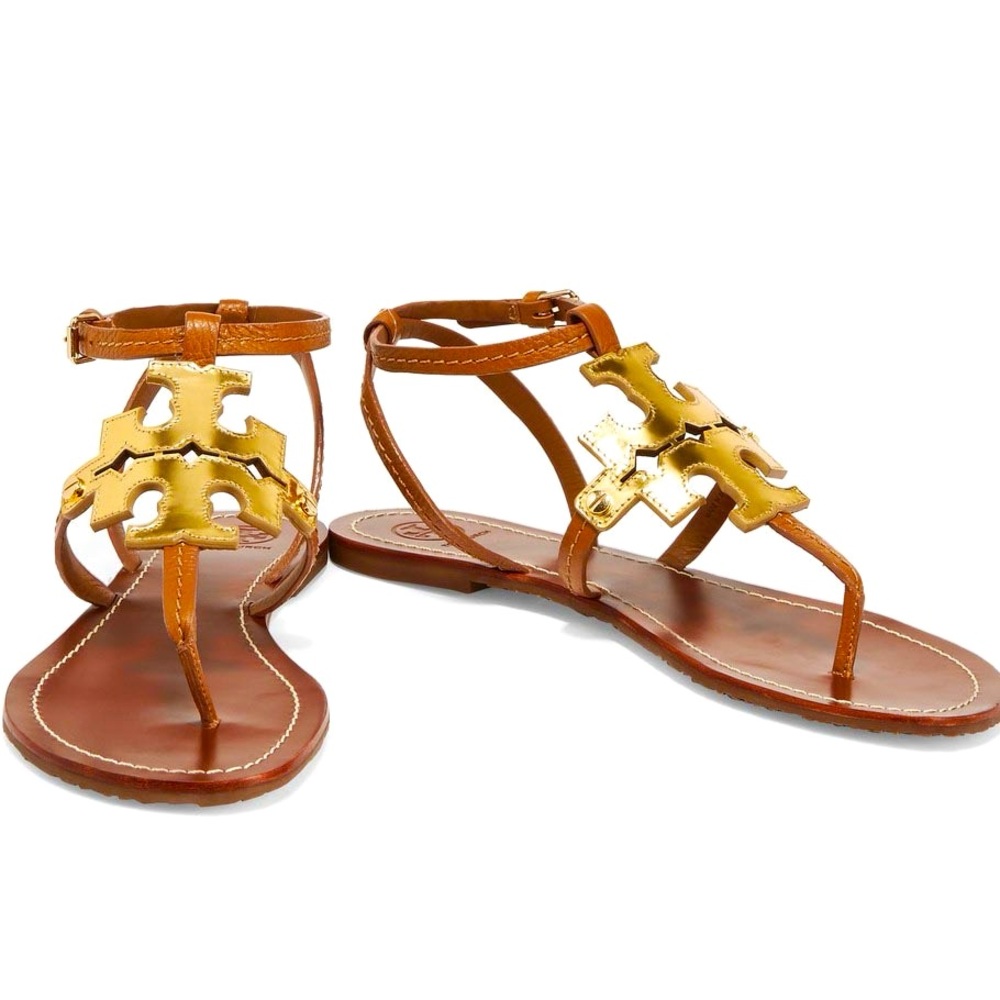 Tory Burch Chandler Flat Sandals Brown and Gold Ankle Strap Women’s Size 9.5
